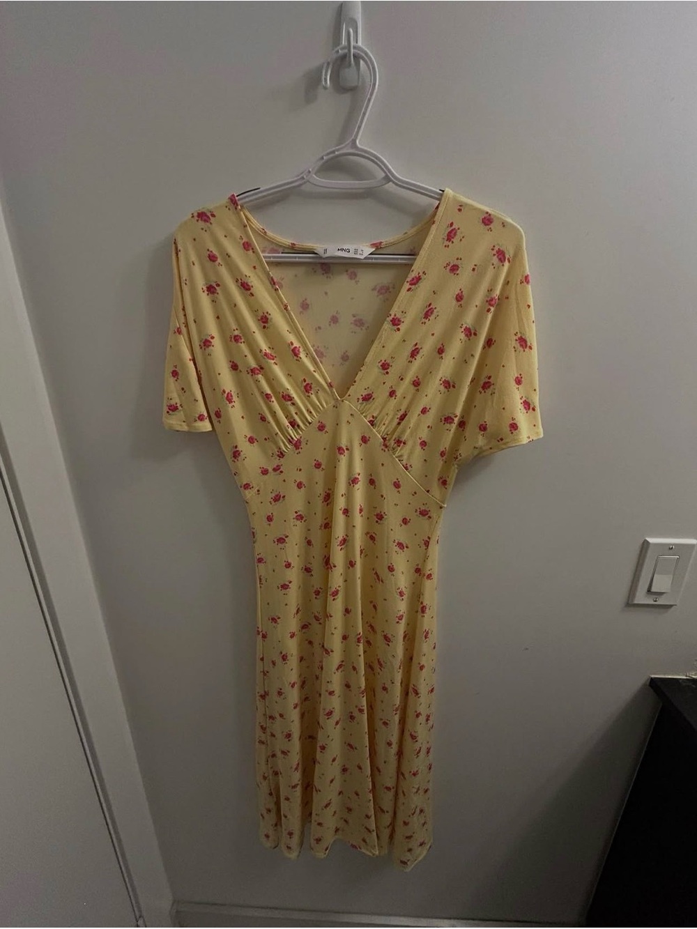 Mango Yellow Midi Wrap Dress with Red Floral Print